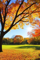 Vibrant autumn foliage in a city park with bright blue sky and sunshine