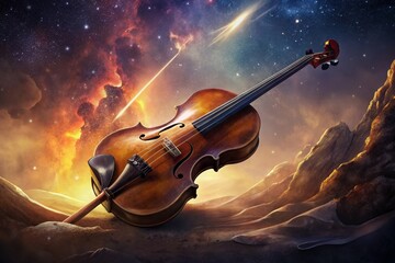 Fototapeta premium A violin rests beneath a starry sky, a cosmic symphony in the making