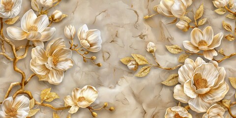 Beautiful floral background with magnolia flowers and golden leavesle texture.