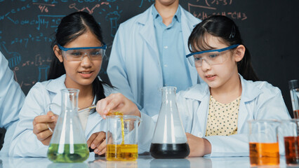 Girl looking at beaker while doing experiment at blackboard with chemistry theory in STEM class....