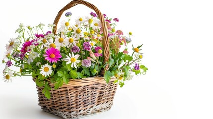 White background with copy space showcasing a basket filled with flowers