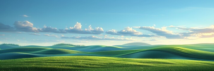Obraz premium Dawn Landscape of Lush Green Fields and Hills Under a Bright Blue Sky, an Idyllic Illustration of Nature's Morning Serenity