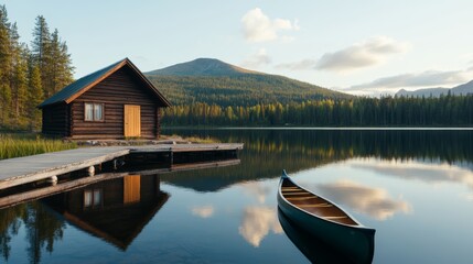 Fototapeta premium Serene lakeside cabin at dawn with reflection in calm water, surrounded by lush forest and majestic mountains.
