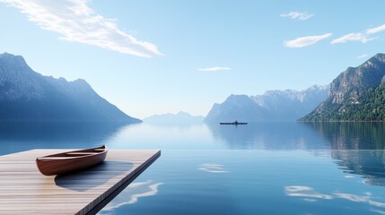 Obraz premium Tranquil lake scene with a wooden boat on a dock, surrounded by majestic mountains and a clear blue sky reflecting in the water.