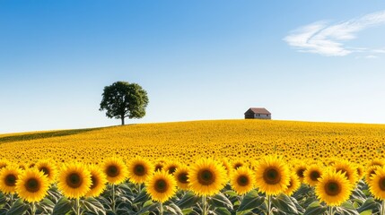 Vibrant sunflower field stretching under a bright blue sky, with a lone tree and a quaint farmhouse in the distance.
