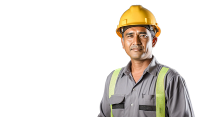 Portrait of a smiling and satisfied engineer wearing protective workwear on transparent background.