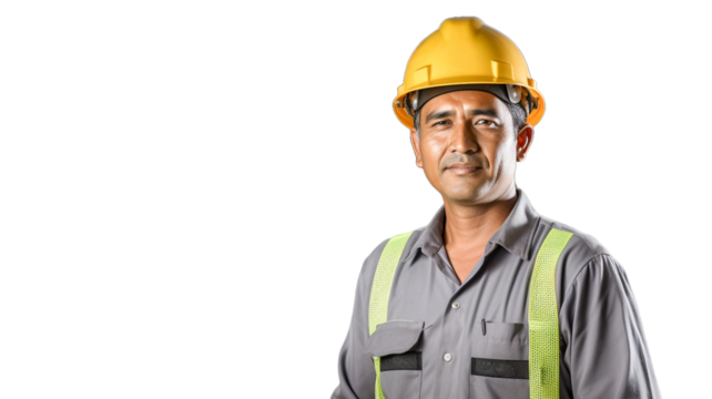 Portrait of a smiling and satisfied engineer wearing protective workwear on transparent background.