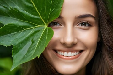 Young Woman with Radiant Smile and Eyes Hidden Behind a Leaf