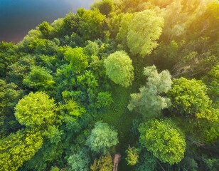 Naklejka premium Summer in forest aerial top view. Mixed forest, green deciduous trees. Soft light in countryside woodland or park. Drone shoot above colorful green texture in nature