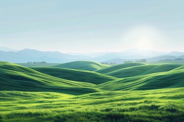 Obraz premium Dawn Landscape of Lush Green Fields and Hills Under a Bright Blue Sky, an Idyllic Illustration of Nature's Morning Serenity