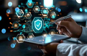 Hands Holding a Tablet Displaying a Network of Secure Digital Connections