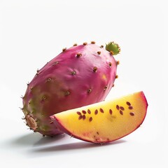 Medium shot of whole Prickly (cactus) Pear near the sliced piece of Prickly (cactus) Pear, isolated on a white  