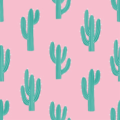 Seamless pattern with western desert cactus on pink background. Wild west fashion style. Hand drawn vector illustration