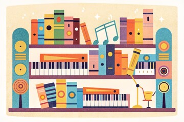 Naklejka premium A colorful shelf of music and literature
