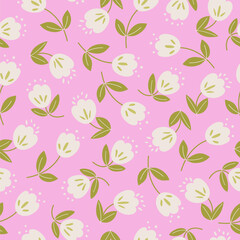 Vector Simple floral seamless pattern. Vintage print with hand drawn white flowers, leaves on a pink background. Retro design for wallpaper, textile, fabric, wrapping paper, cover, card, poster