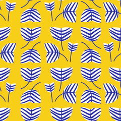 Vintage Leaf seamless abstract pattern on yellow background. Retro botanical illustration for print, fabric, tablecloth, wrapping paper, wallpaper, textile, cover