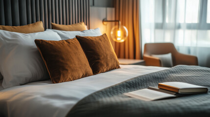 A chic boutique hotel room with modern furnishings, a plush bed, and stylish décor.