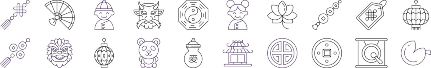 Collection of Icons of Chinese New Year for Shops and Stores. Suitable for books, stores, shops. Editable stroke in minimalistic outline style. Symbol for design