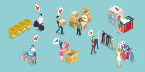 3D Isometric Flat Vector Illustration of Recycling And Donation, Donating Garments To Charity