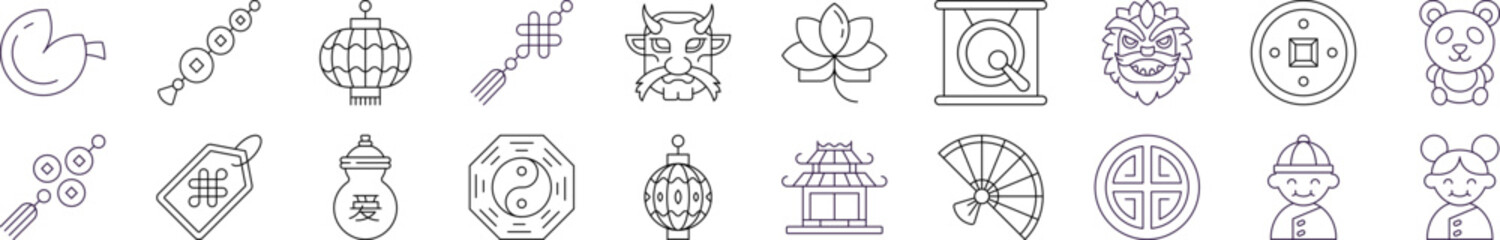 Collection of Line Icons of Chinese New Year for Adverts. Suitable for books, stores, shops. Editable stroke in minimalistic outline style. Symbol for design
