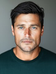Obraz premium Close-up portrait of a man with dark hair and blue eyes in a dark green shirt against a grey background, looking directly at the camera.