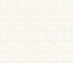 Vector golden linear geometric seamless pattern with quirky lines, stripes, hexagons, triangles, grid. Gold and white abstract background. Simple luxury modern minimal texture. Repeated geo design