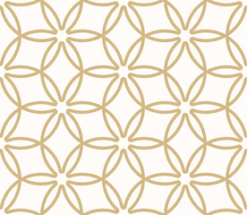 Luxury golden abstract geometric seamless pattern in Islamic style. Vector ornamental linear grid texture, floral lattice, mesh. Traditional eastern background. Gold and white ornament, repeat design