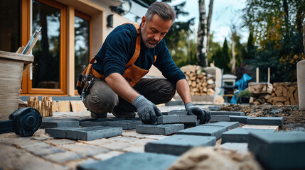 A mature male construction worker in an apron and gloves is laying paving stones in a backyard, working meticulously on a patio project.