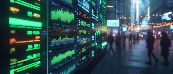 A green-lit digital stock market display showing various charts and numerical data, with a blurred background of city lights and silhouette of people.
