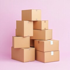 Obraz premium A neatly stacked pile of cardboard boxes against a plain, light pink background. The boxes vary in size and have various symbols and taped tops.