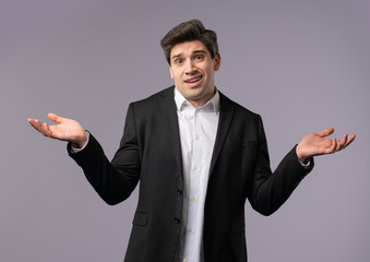 Ignorant mature 30s businessman, shoulders up - can't help, I dont know gesture