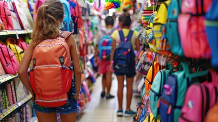 girl with backpack in the store in the stationery department, shopping for school, September 1, knowledge day