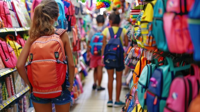 girl with backpack in the store in the stationery department, shopping for school, September 1, knowledge day