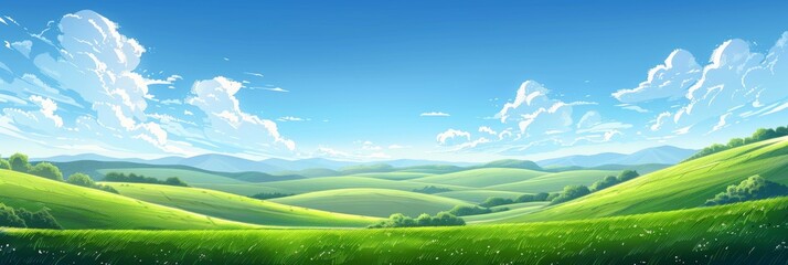 Obraz premium Idyllic Green Field and Hill Landscape Illustration Under a Bright Blue Sky, Evoking Serenity and Natural Beauty.