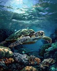 Obraz premium Sea Turtle Species. Green Sea Turtle Swimming Over Reef in Hawaii, Marine Wildlife