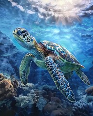 Fototapeta premium Sea Turtle Species. Green Turtle Swimming Over Hawaiian Reef. Underwater Wildlife of Ocean and Marine Life