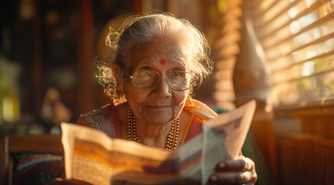 Happy senior indian woman reading newspaper by the window