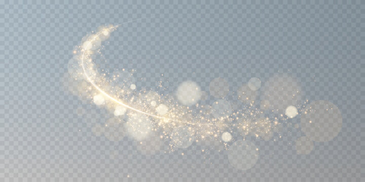 A luminous bokeh that gently shimmers with golden light. Light abstract glowing lights. Glowing bokeh effect isolated on dark background. Christmas background made of glowing dust.	