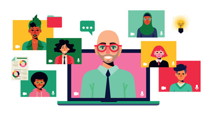 team colleagues video call, meeting zoom. Inclusive people connecting together, learning or meeting online with teleconference. A man is speaking to his team.