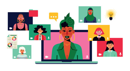 team colleagues video call, meeting zoom. Inclusive people connecting together, learning or meeting online with teleconference. Only women. Girl power.