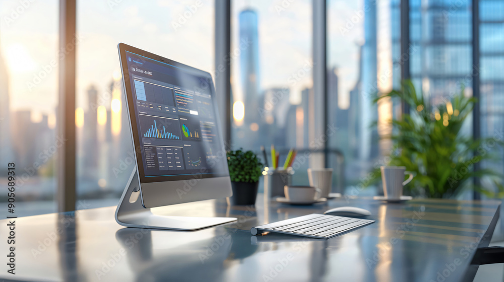 Poster Modern computer showing statistics charts on desk in office at sunset with skyline view