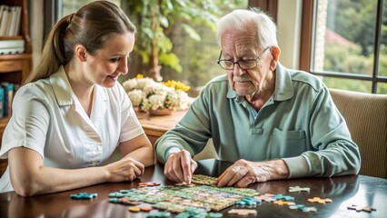 Senior Man with Dementia Engaging in Cognitive Stimulation with Alphabet Puzzle and Nurse