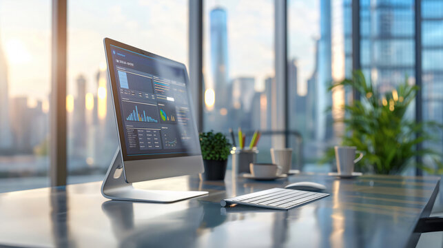 Modern computer showing statistics charts on desk in office at sunset with skyline view