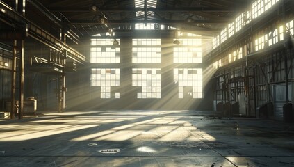 Obraz premium Sunbeams Through Industrial Warehouse