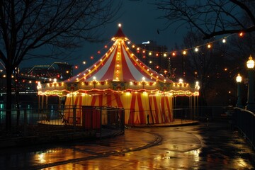 Circus Tent Night. A Magical Night at the Amusement Park with Circus Lights and Ferris Wheel