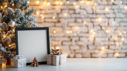 Canvas mockup in modern loft interior and a christmas tree