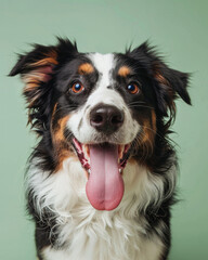 close up of a Australian Shepherd is standing with tongue out