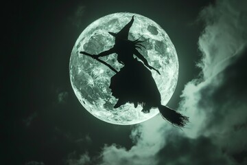 Naklejka premium Witch Flying on Broomstick Against Full Moon, Spooky Halloween Scene Generative AI