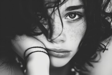 Thoughtful Young Girl with Curly Hair and Freckles in Black and White Portrait