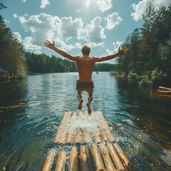The girl in a swimsuit is jumping from a wooden pier into the water against the blue mountains. On the shore of the ocean, the sea, the lake. Happiness, summer, fun
